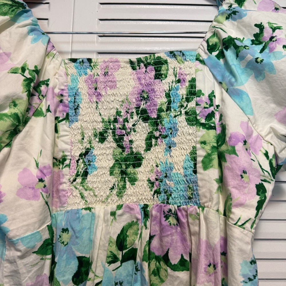 Old Navy Mini Dress Blue Purple Floral Cotton Smocked Puff Babydoll Size LP - Picture 6 of 6